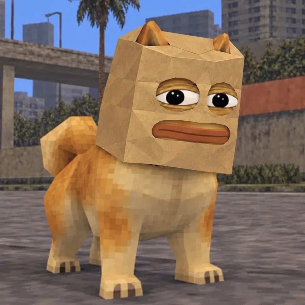 The Anonymous Dope mascot: a golden low-poly dog wearing a paper bag, standing on a city street.